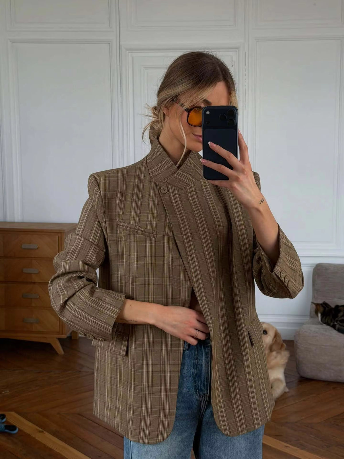 SOERA Katie kostkované sako s stojatým límcem