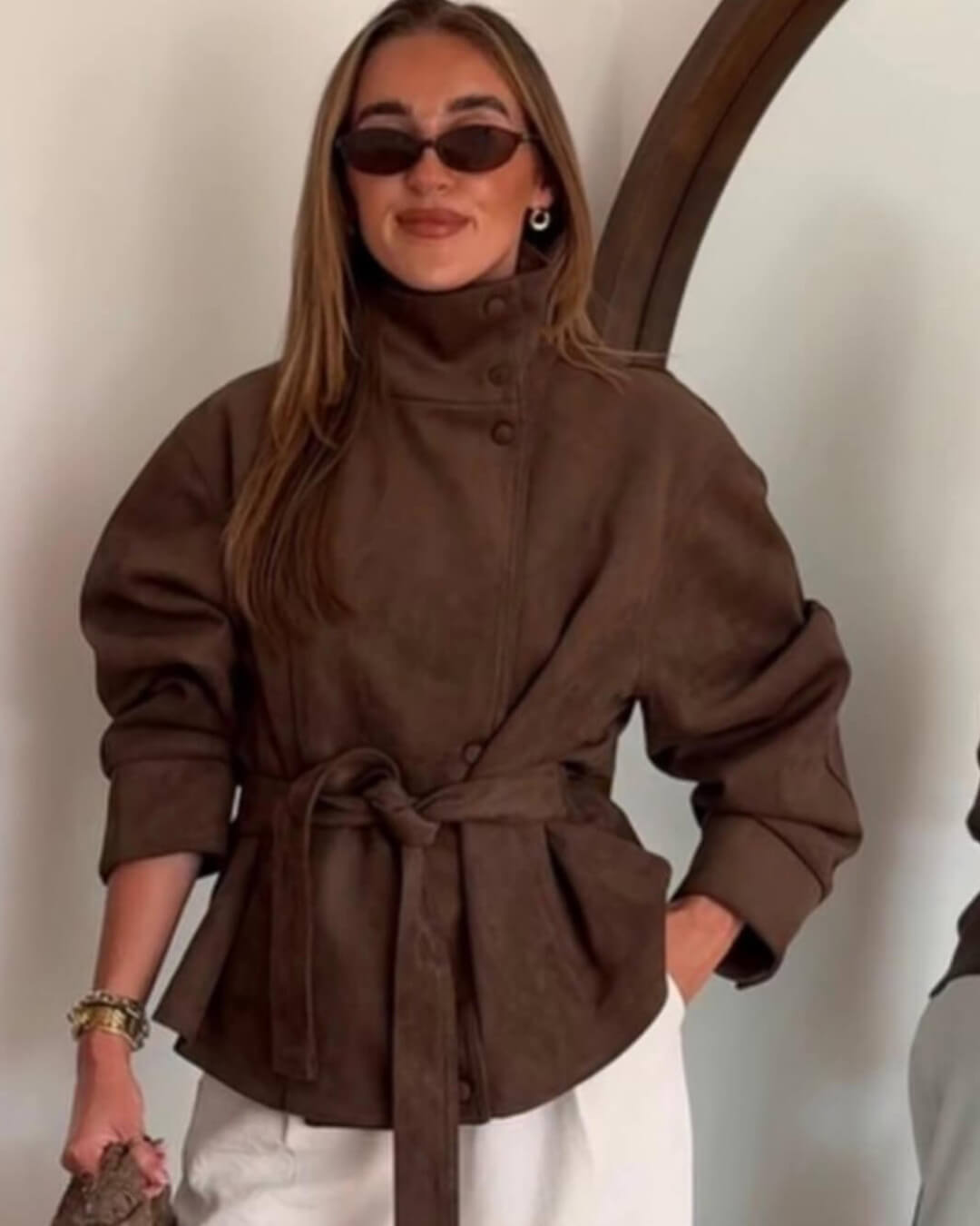 Amanda trenčkot z umělého semiše s funnel límcem