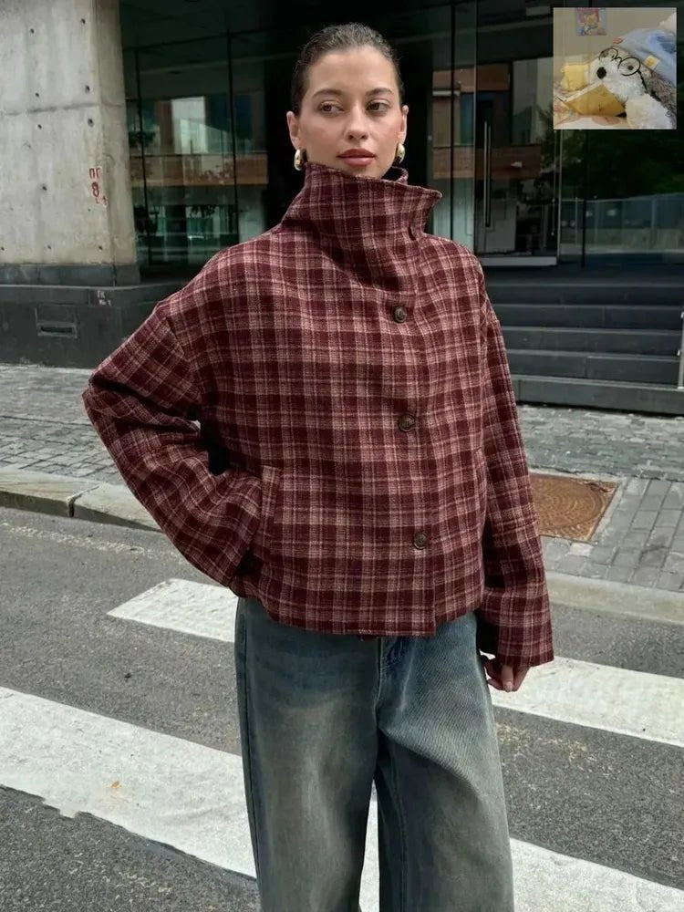 Kabát Jane s stojákovým límcem, vlněná směs, kostkovaný