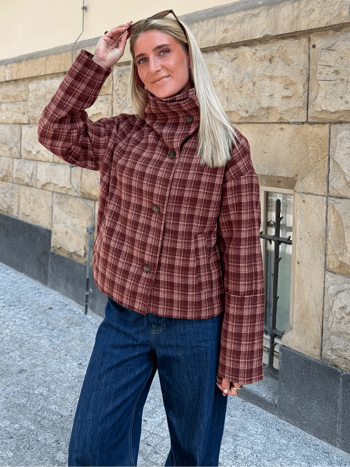 Kabát Jane s stojákovým límcem, vlněná směs, kostkovaný