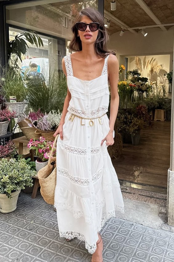Celeste boho maxi šaty z krajkového patchworku s volány
