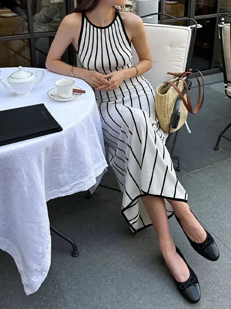 Maxi šaty Elena z pleteniny s pruhy bez rukávů