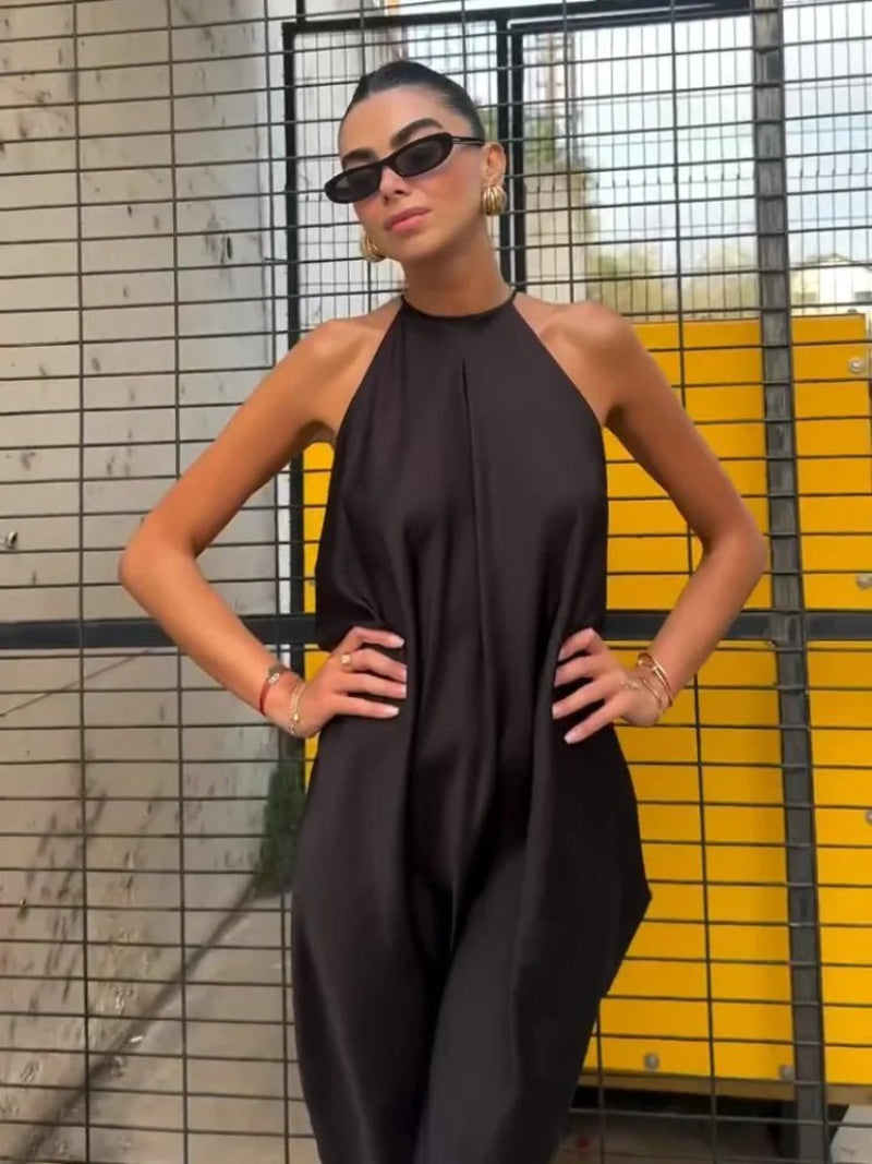 Indira saténové maxi šaty s halter výstřihem