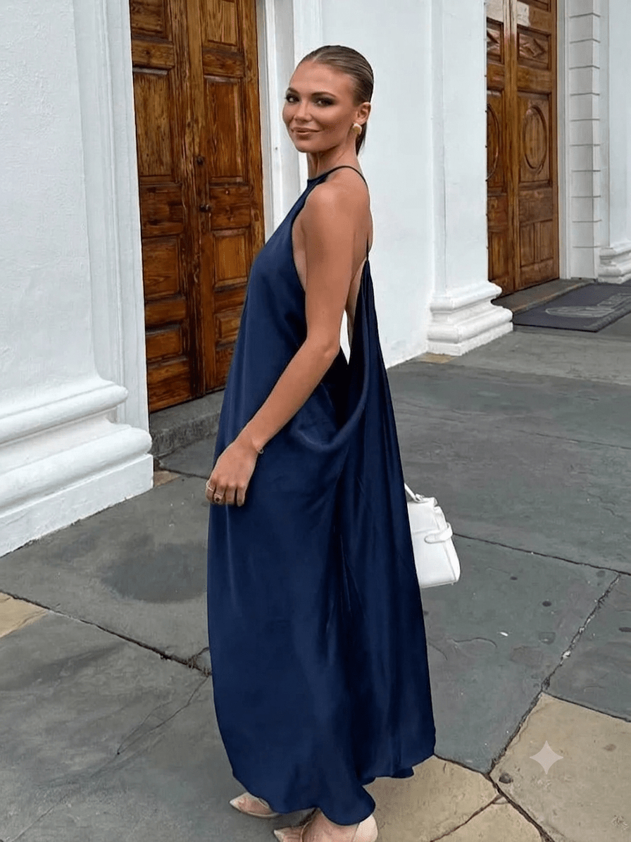 Indira saténové maxi šaty s halter výstřihem