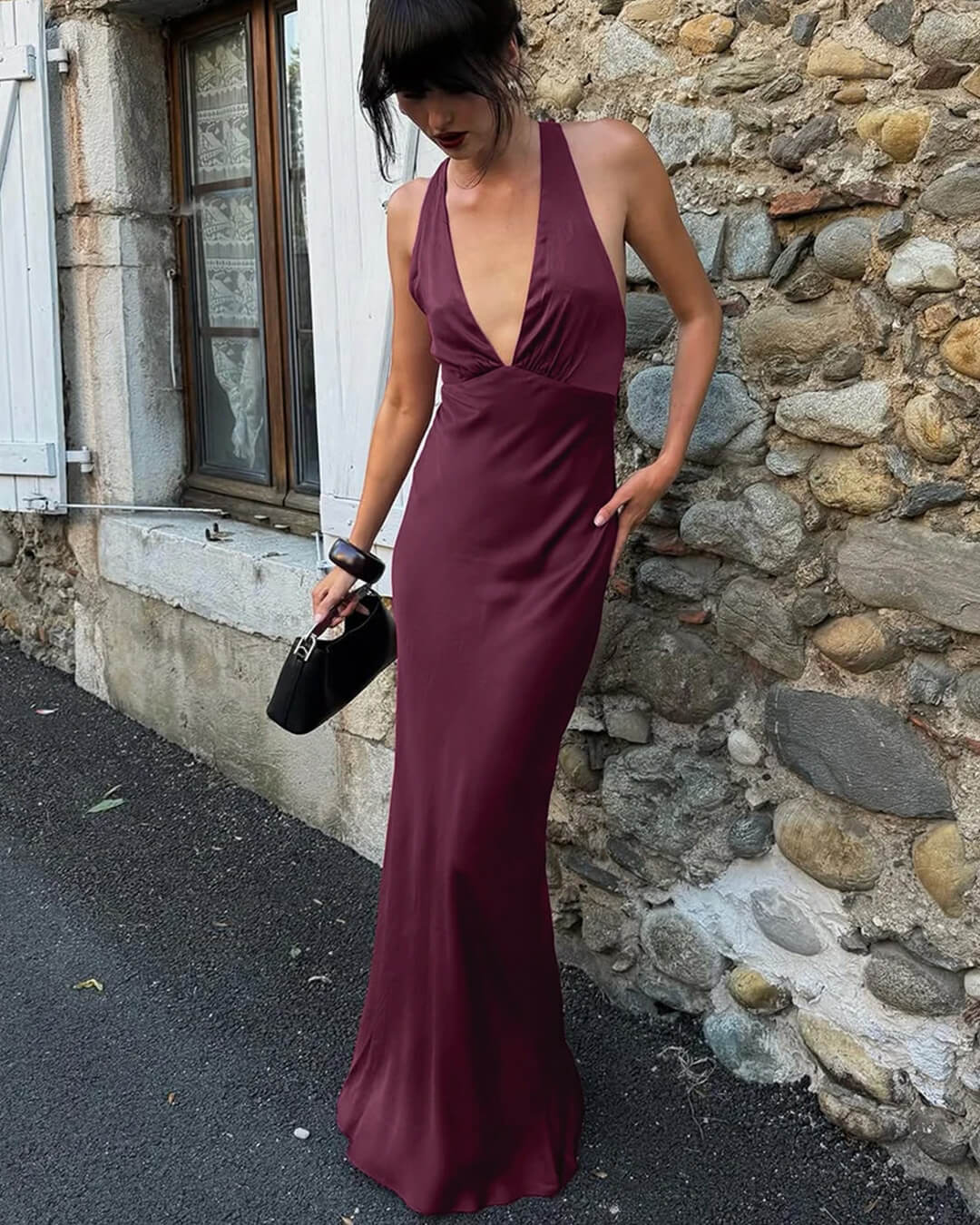 Joyce saténové halter maxi šaty ve vínově červené barvě