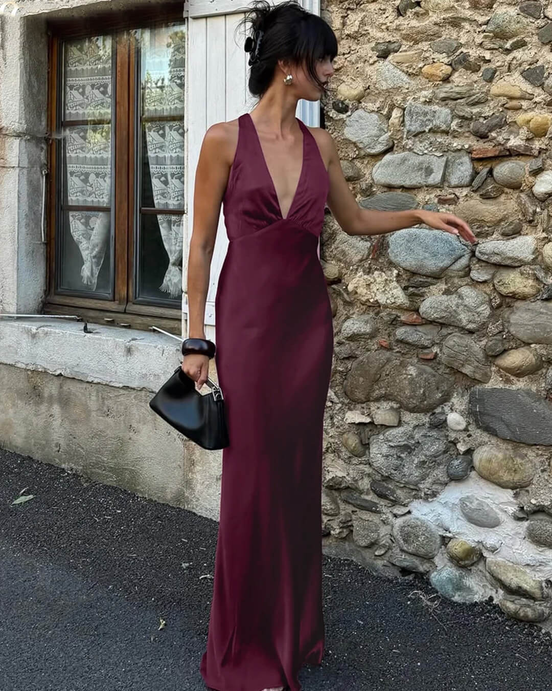 Joyce saténové halter maxi šaty ve vínově červené barvě