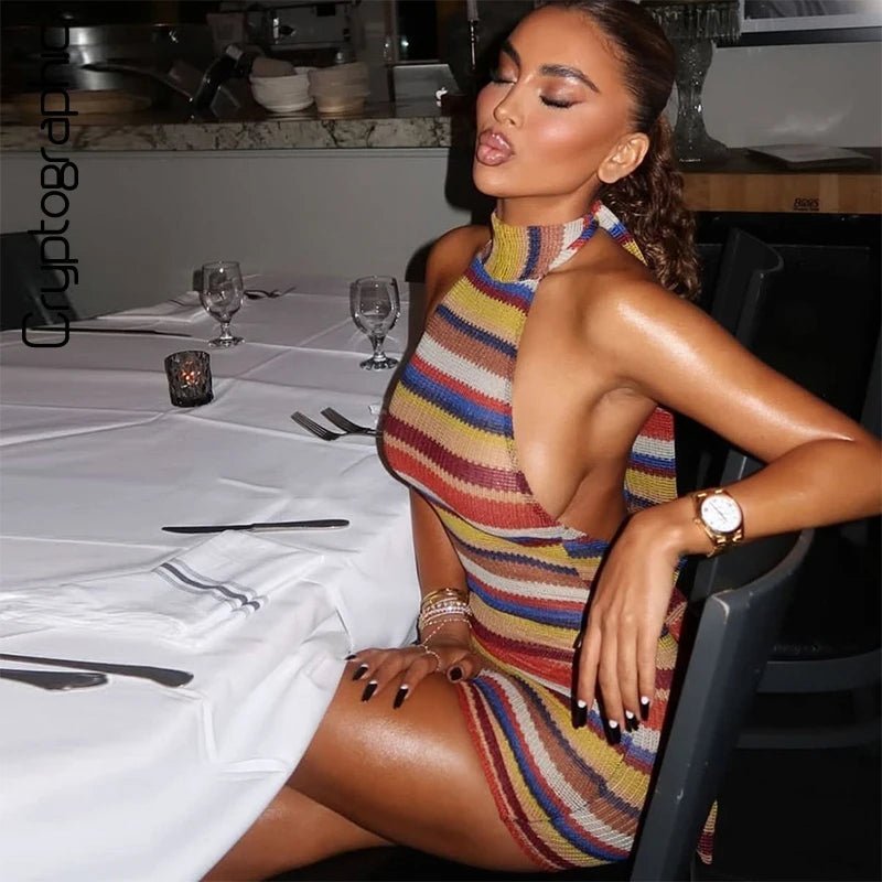 Aireste Pruhované Halter Bodycon šaty