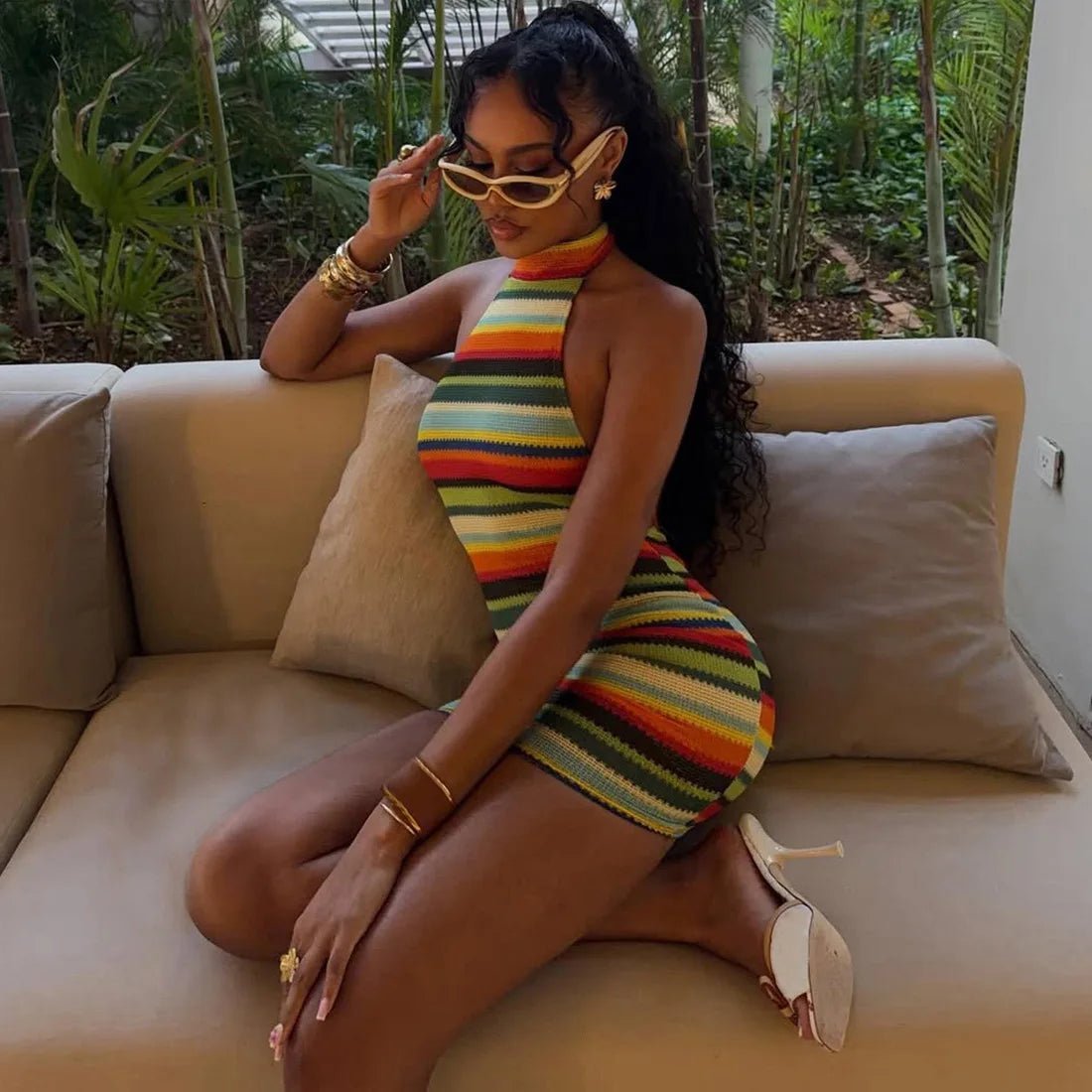 Aireste Pruhované Halter Bodycon šaty