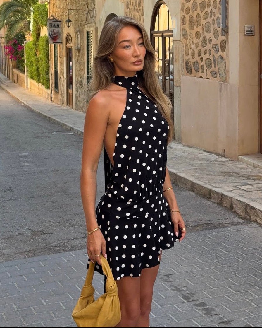 Serena minišaty na zavazování za krkem s puntíky a otevřenými zády