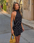 Serena minišaty na zavazování za krkem s puntíky a otevřenými zády