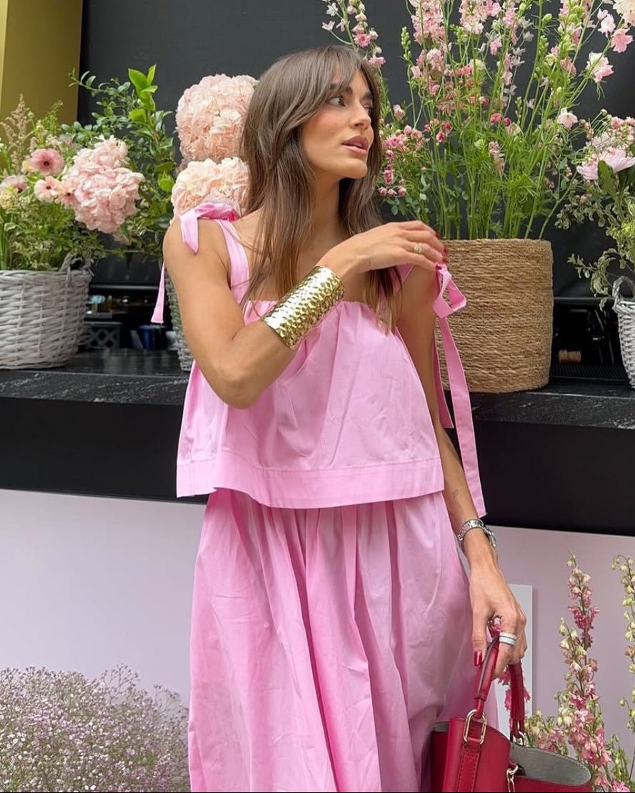 Růžové vrstvené midi šaty Sophia s mašlí