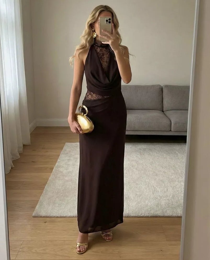 Maxi šaty Beatrice s halter výstřihem a krajkovým patchworkem