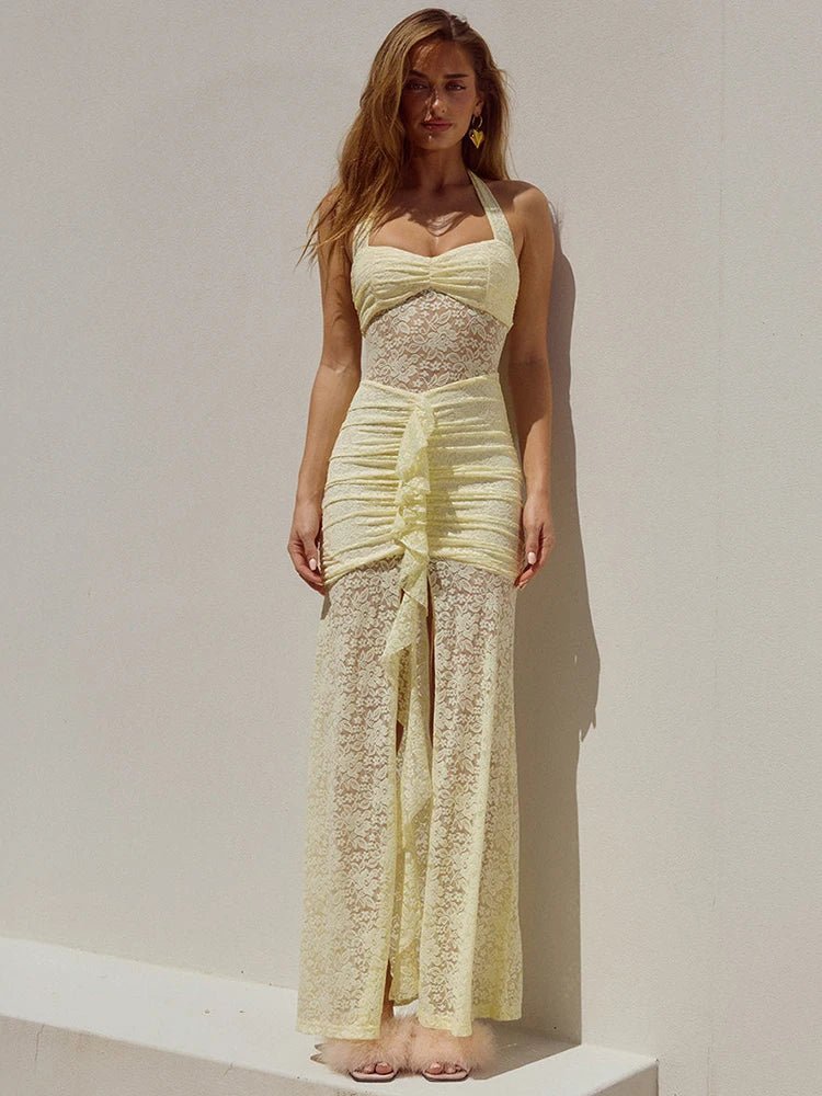 Maxi šaty Selene z krajky s drapováním a halter dekoltem