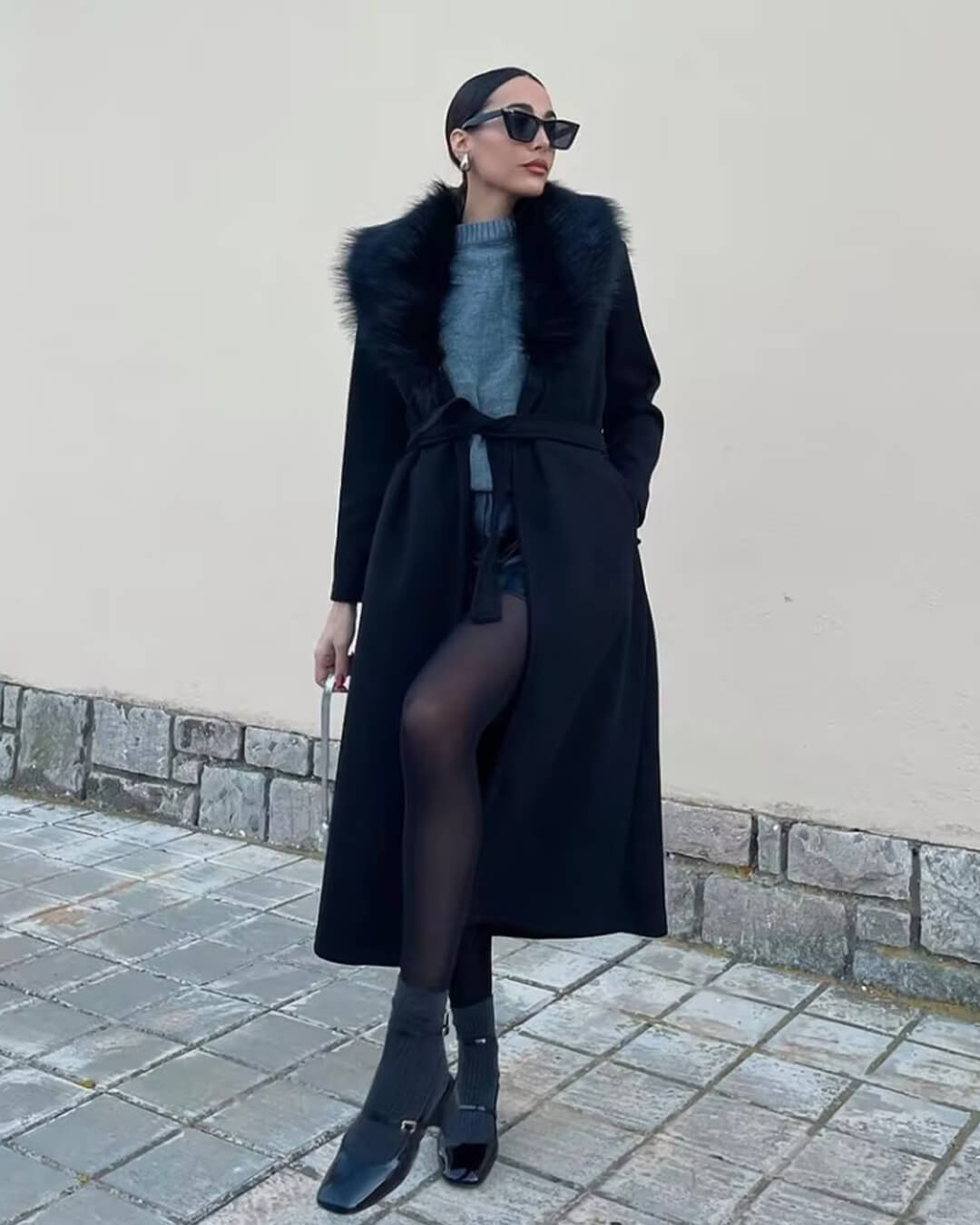 Flora maxi kabát s límcem z umělé kožešiny
