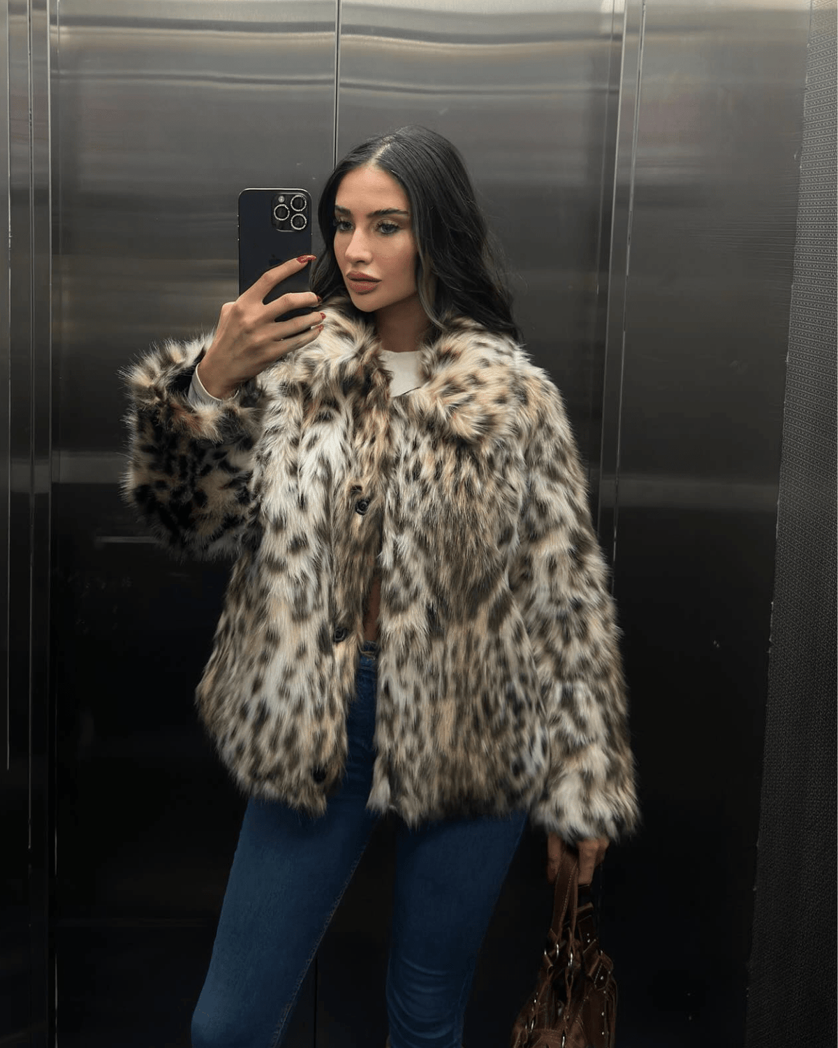 Nora Leopard kabát z umělé kožešiny