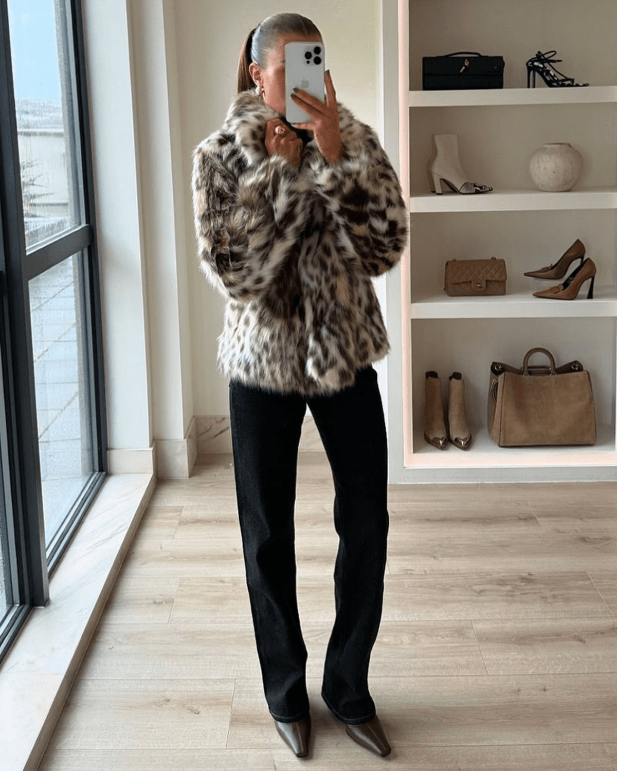 Nora Leopard kabát z umělé kožešiny