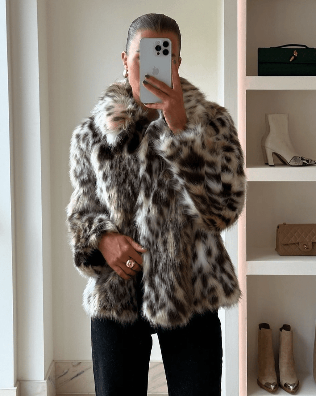 Nora Leopard kabát z umělé kožešiny