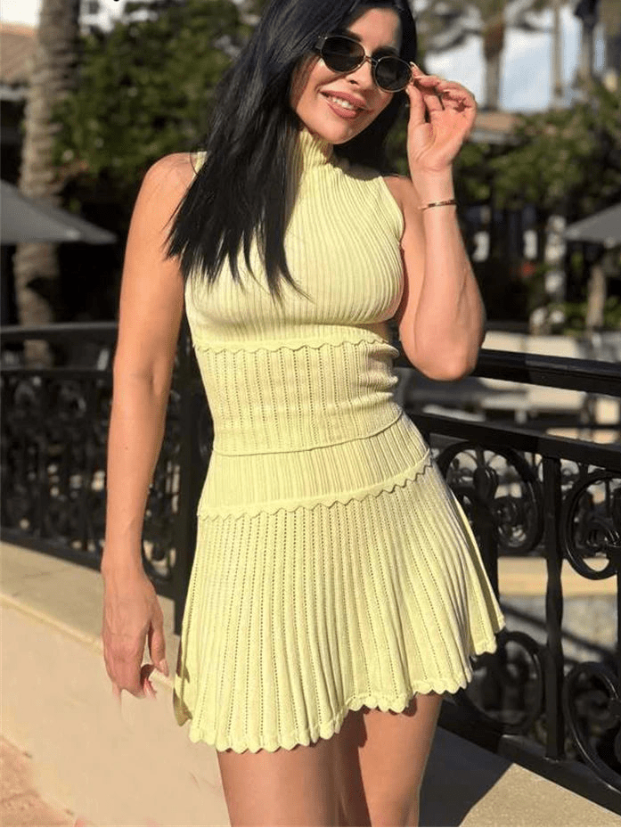 Kelly dvoudílná pletená crop halenka a plisovaná minisukně