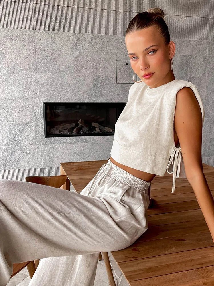 Delfina lněný crop top set dvoudílný