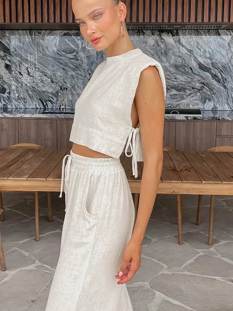 Delfina lněný crop top set dvoudílný