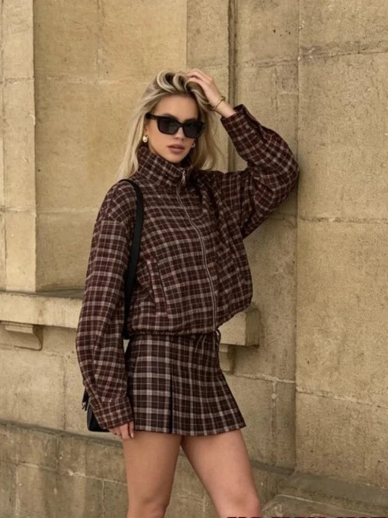 Lily kostkovaný volnočasový blejzr a mini sukně set