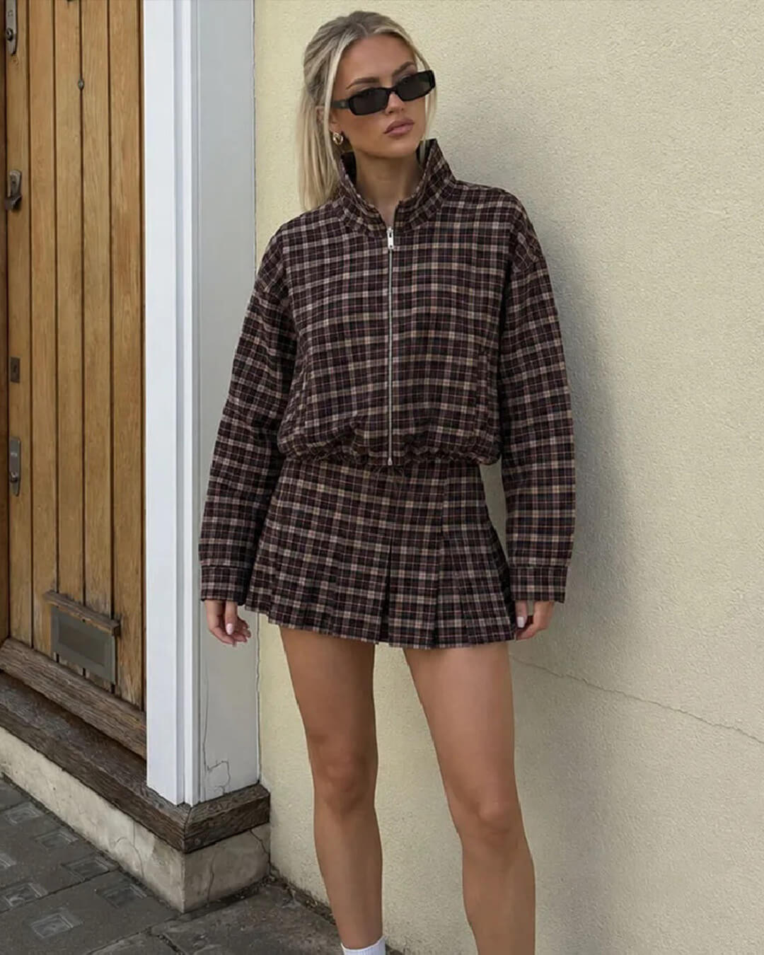 Lily kostkovaný volnočasový blejzr a mini sukně set