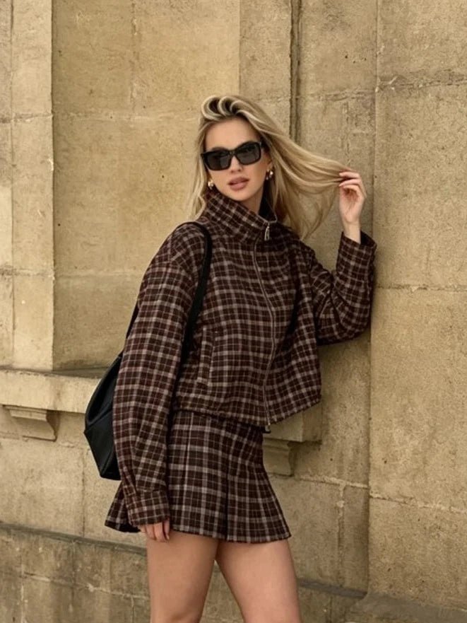 Lily kostkovaný volnočasový blejzr a mini sukně set