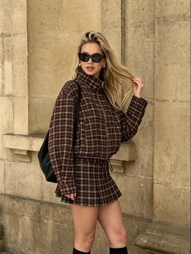 Lily kostkovaný volnočasový blejzr a mini sukně set