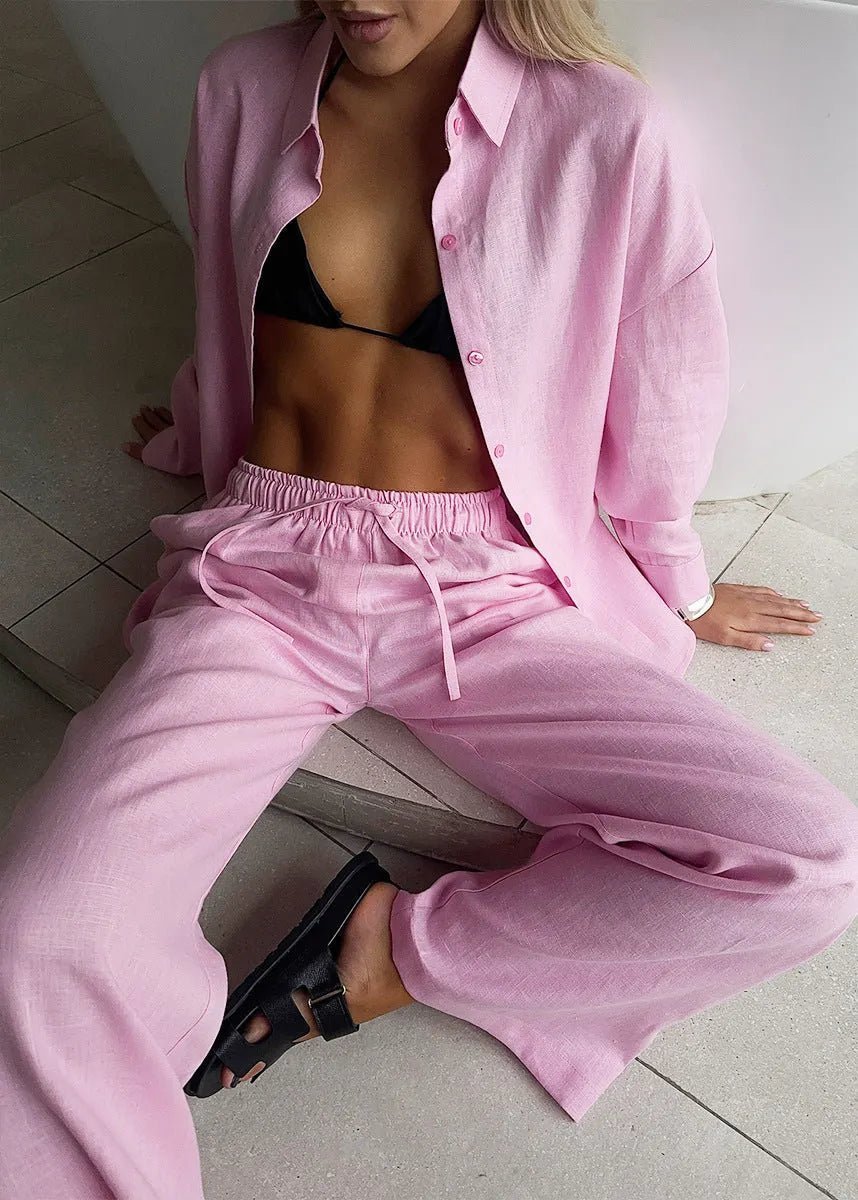 Katie bavlněný relax set s košilí na knoflíky a širokými kalhotami