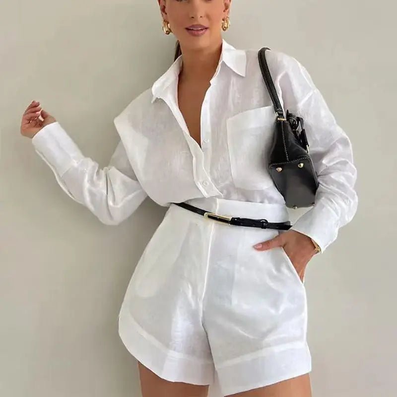 Solenn lněný set s dlouhým rukávem a šortkami s vysokým pasem