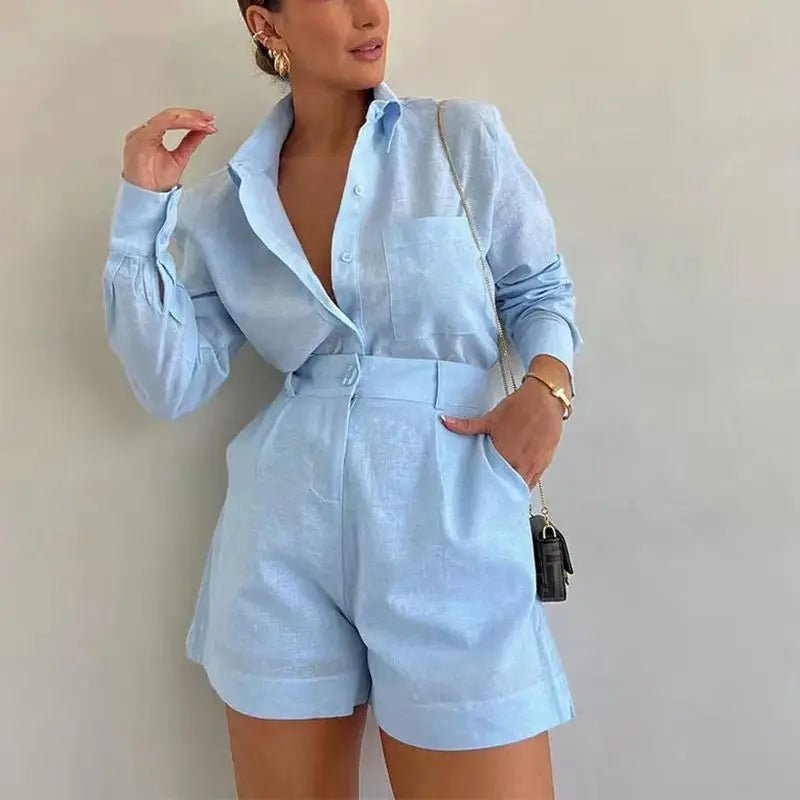 Solenn lněný set s dlouhým rukávem a šortkami s vysokým pasem