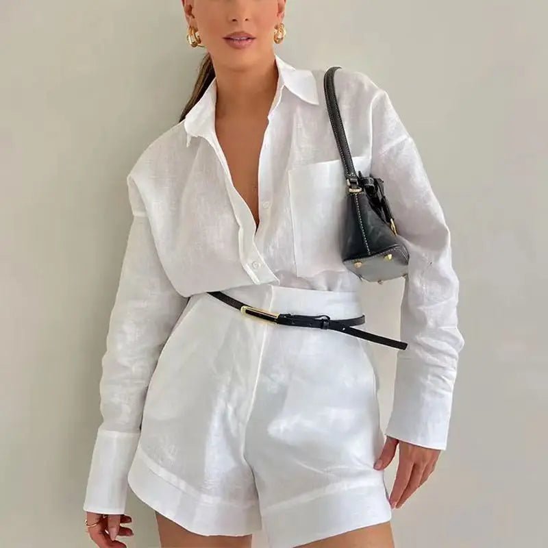 Solenn lněný set s dlouhým rukávem a šortkami s vysokým pasem
