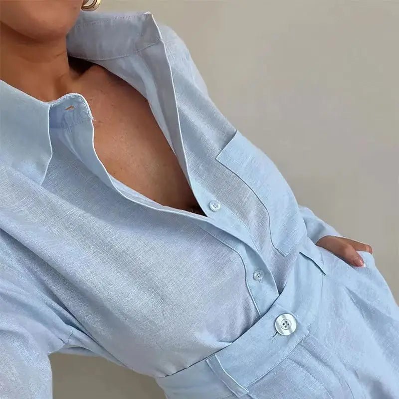Solenn lněný set s dlouhým rukávem a šortkami s vysokým pasem