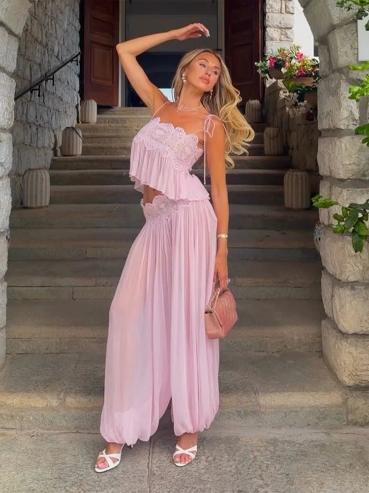 Sophia květinový krajkový volánový crop top a kalhotový set