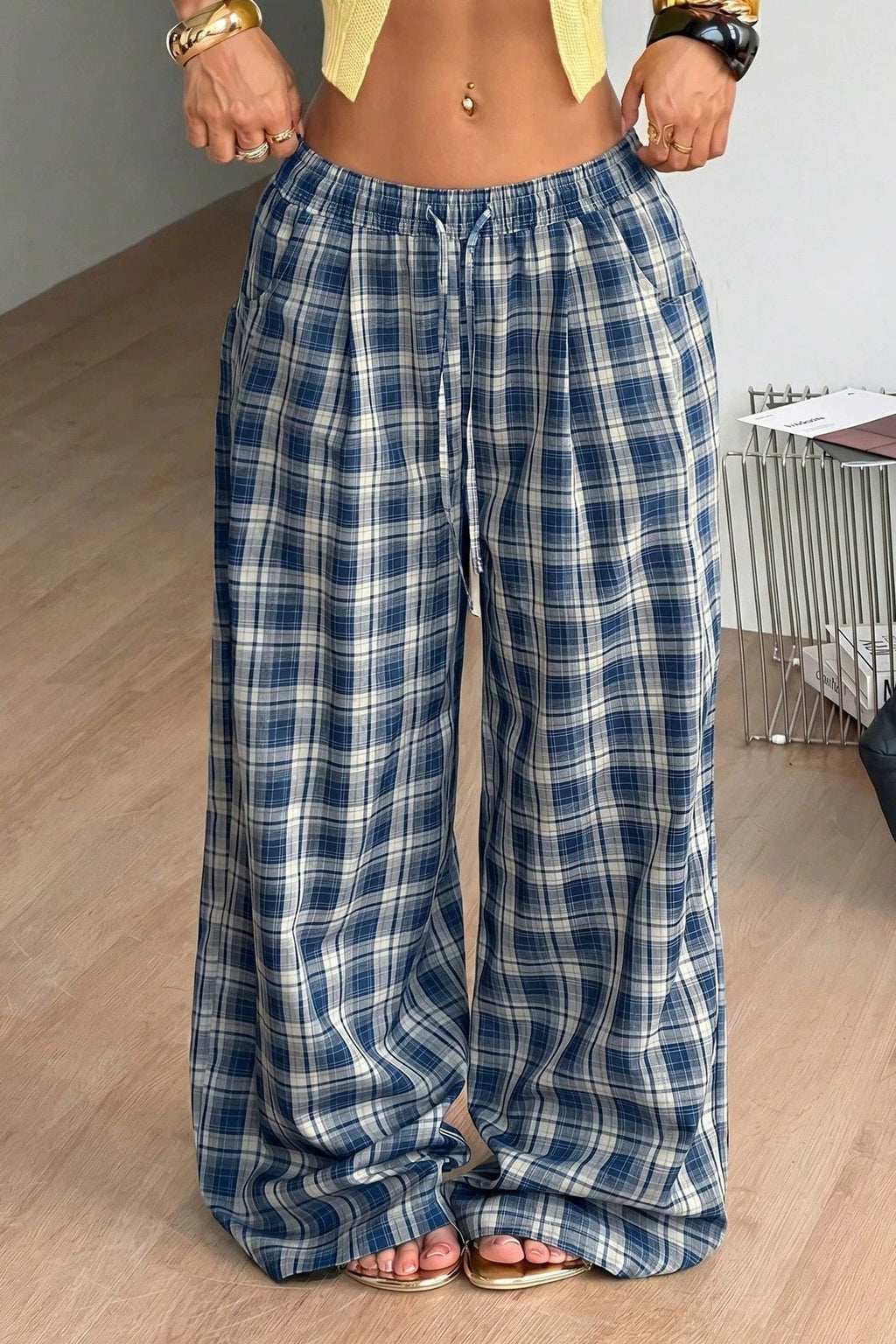 Kostkované široké kalhoty Lola se stahováním