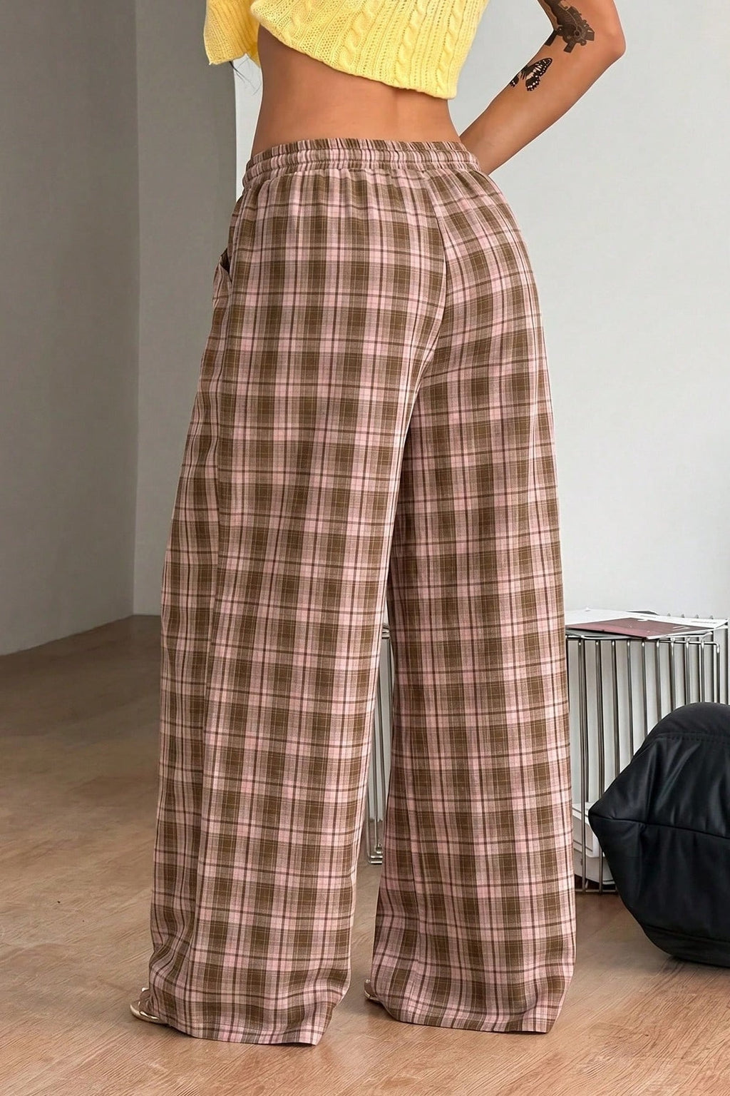 Kostkované široké kalhoty Lola se stahováním