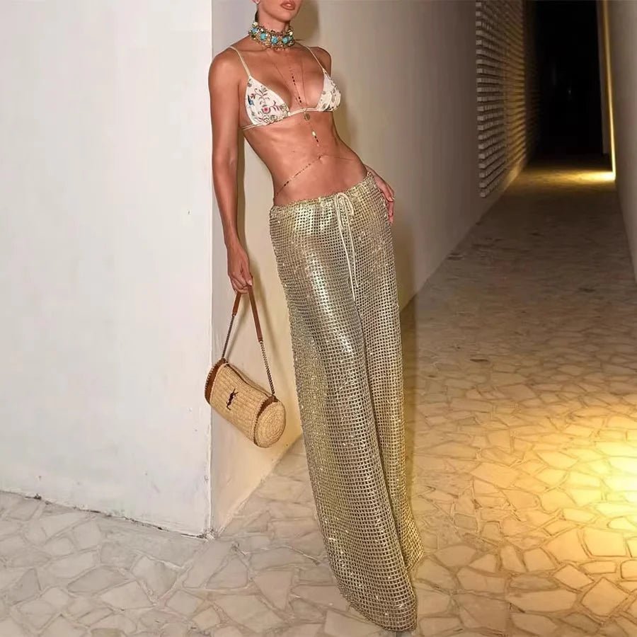 Margot Gold kalhoty s tkanicí a širokým střihem