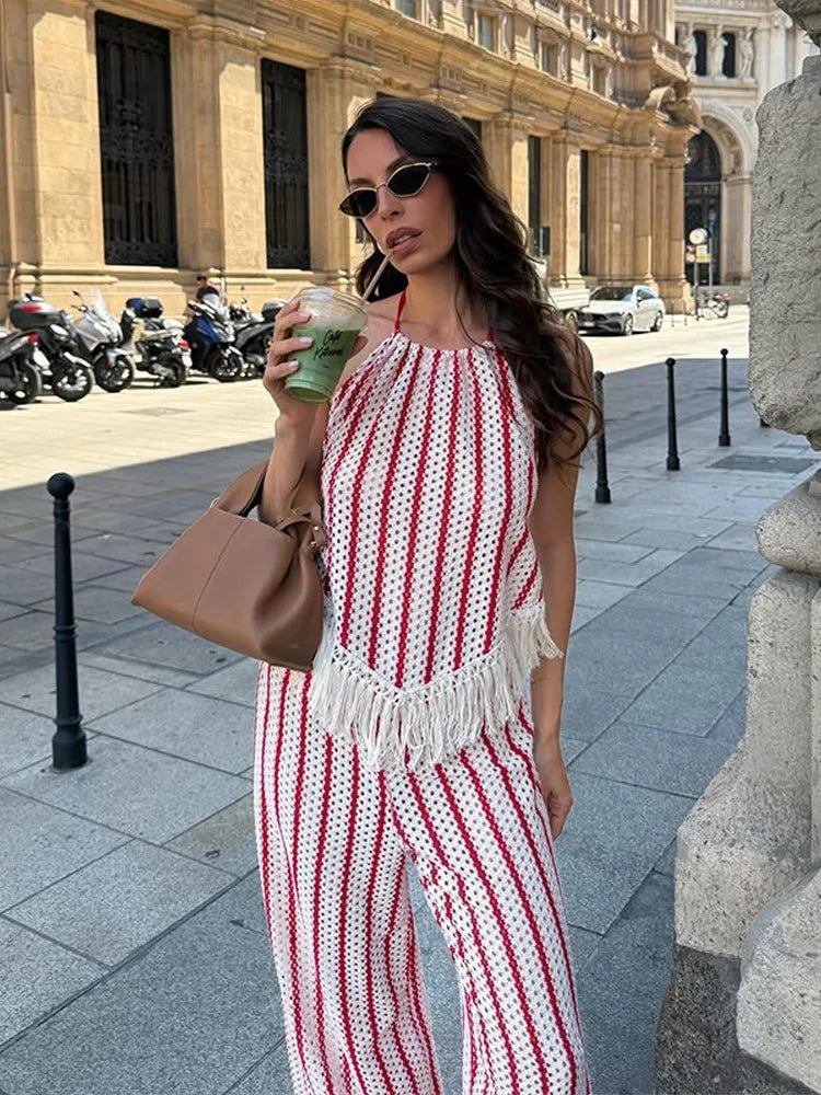Teresa proužkovaný dvoudílný set s třásněmi