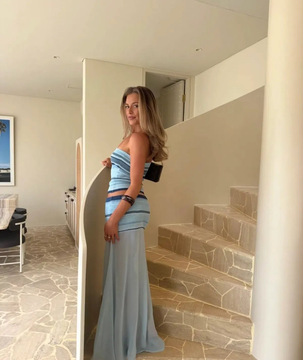 Set Miriam: pruhovaný bandeau top a průsvitná sukně