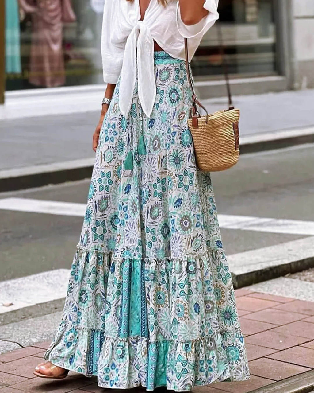 Celeste Flowy Boho Print Sukně s Volánkem