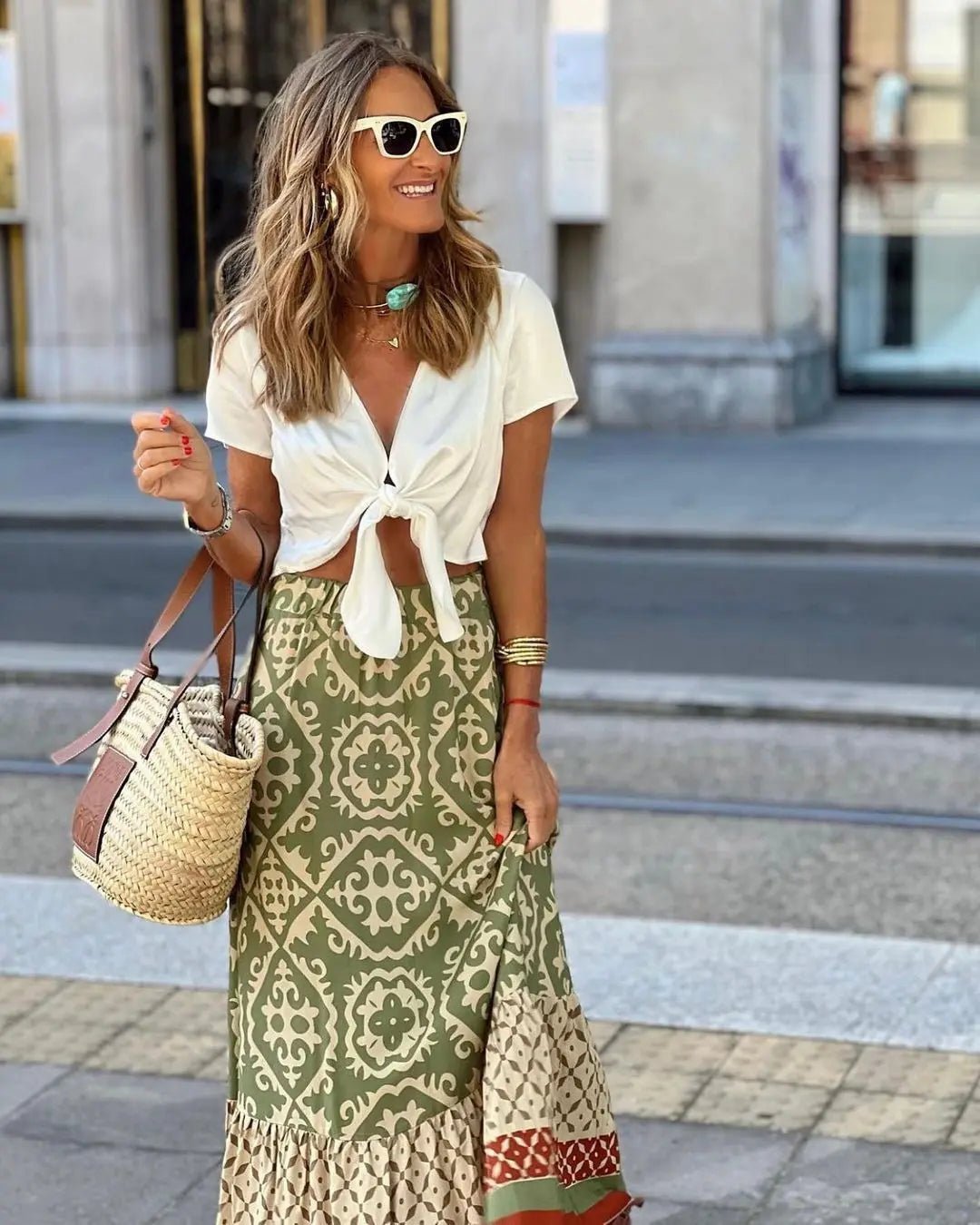 Rhea Boho potištěná midi sukně do A