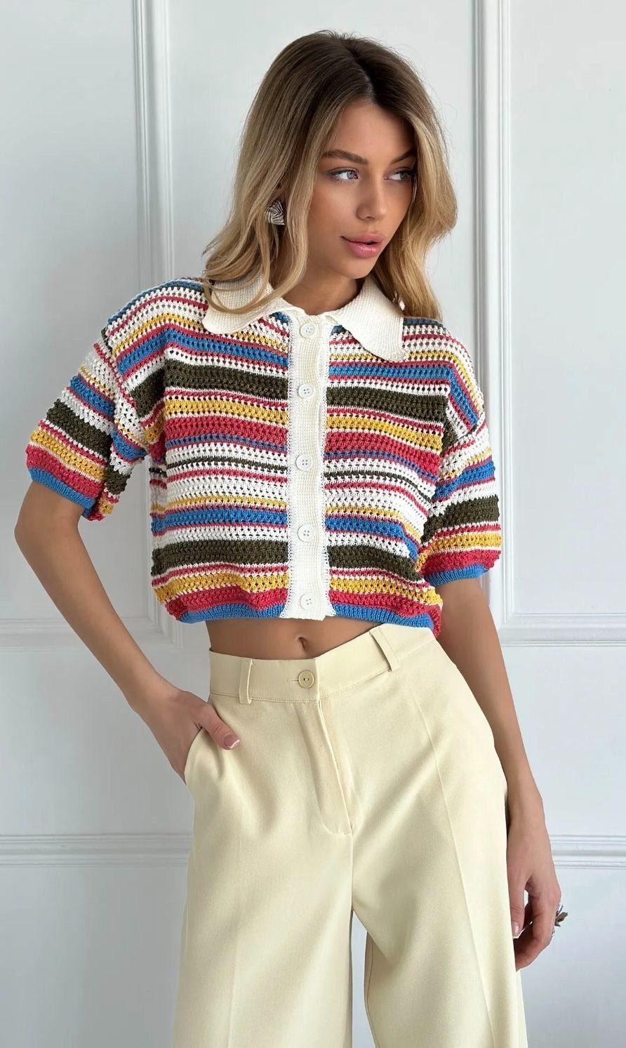 Jasmin háčkovaný crop svetr a šortky - set