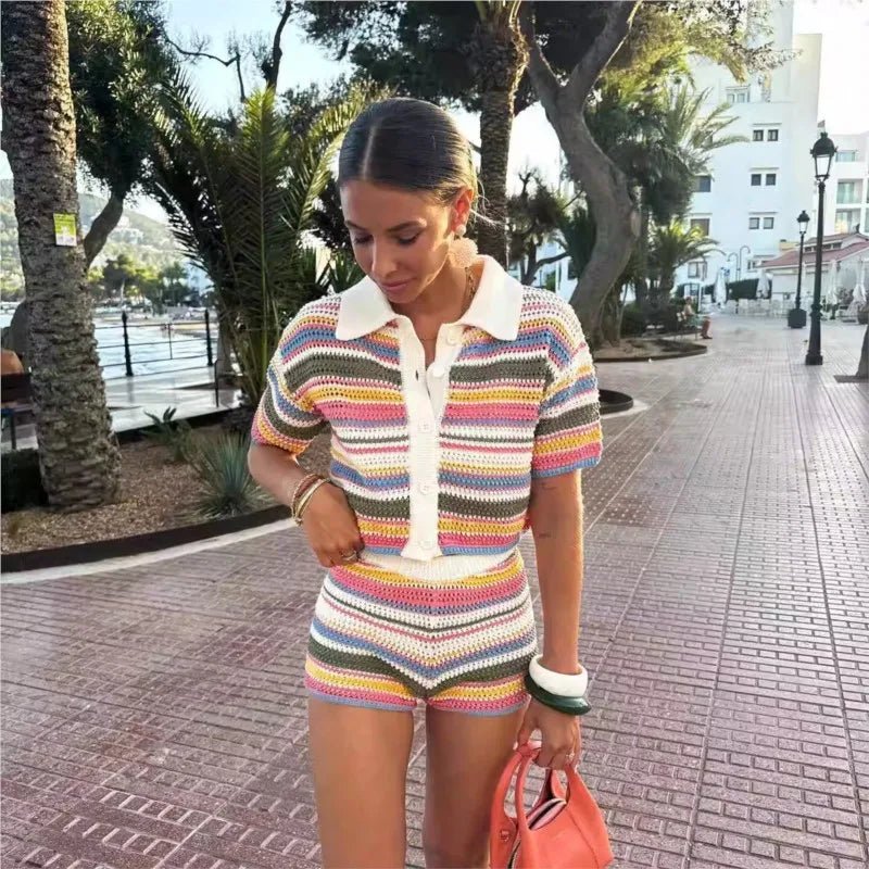 Jasmin háčkovaný crop svetr a šortky - set