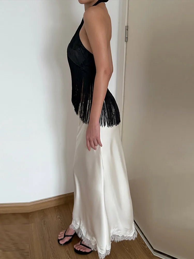 Amelie saténový top s třásněmi a halter výstřihem