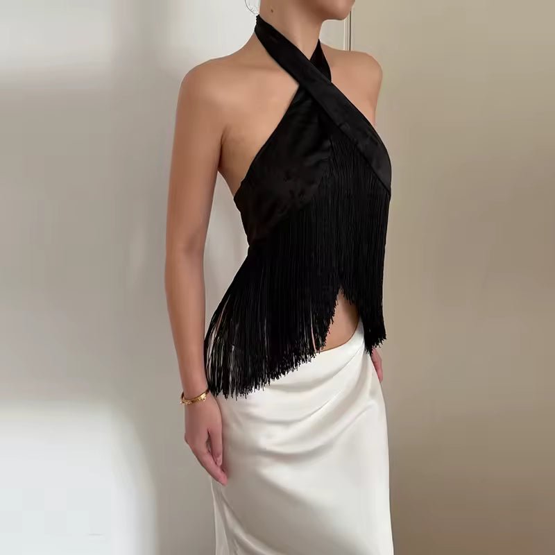 Amelie saténový top s třásněmi a halter výstřihem