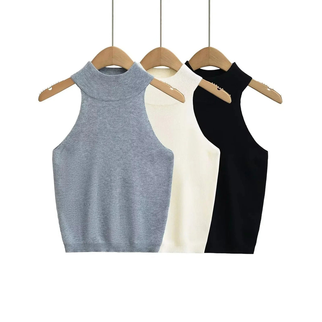 Nicky pletený crop top bez rukávů s halter výstřihem