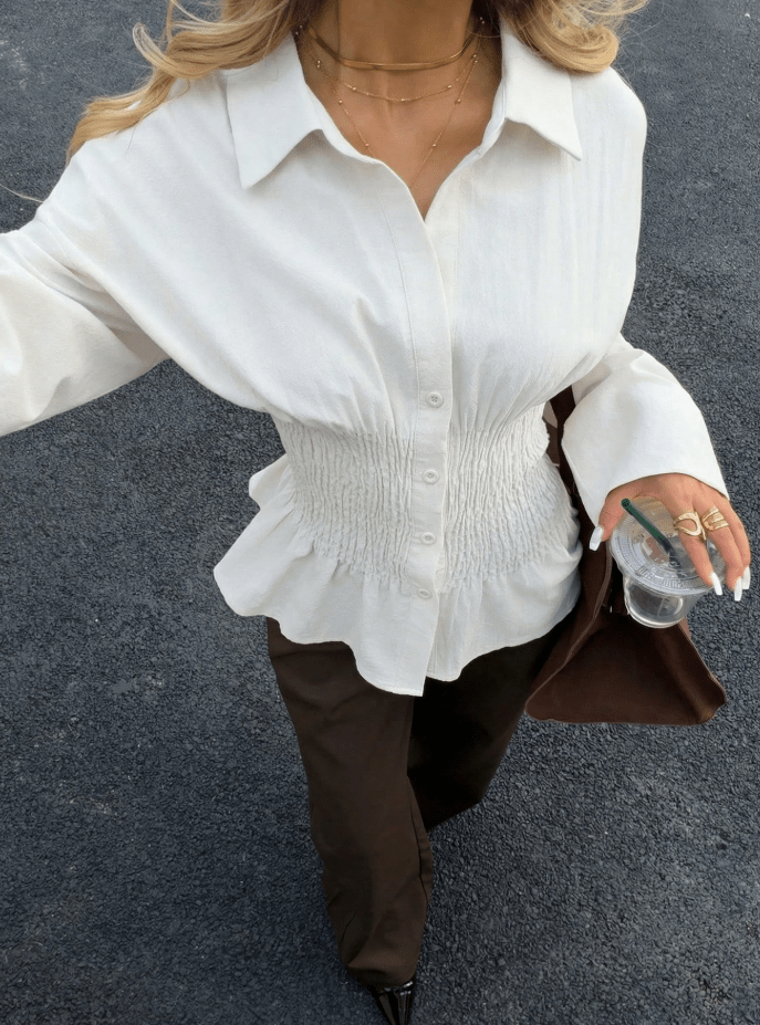 Sara Dlouhý rukáv s řasením.Top
